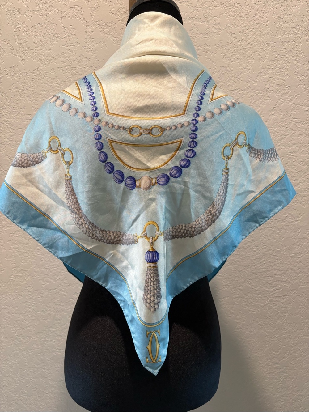 Cartier Silk Blue and Cream Pearl Print Scarf